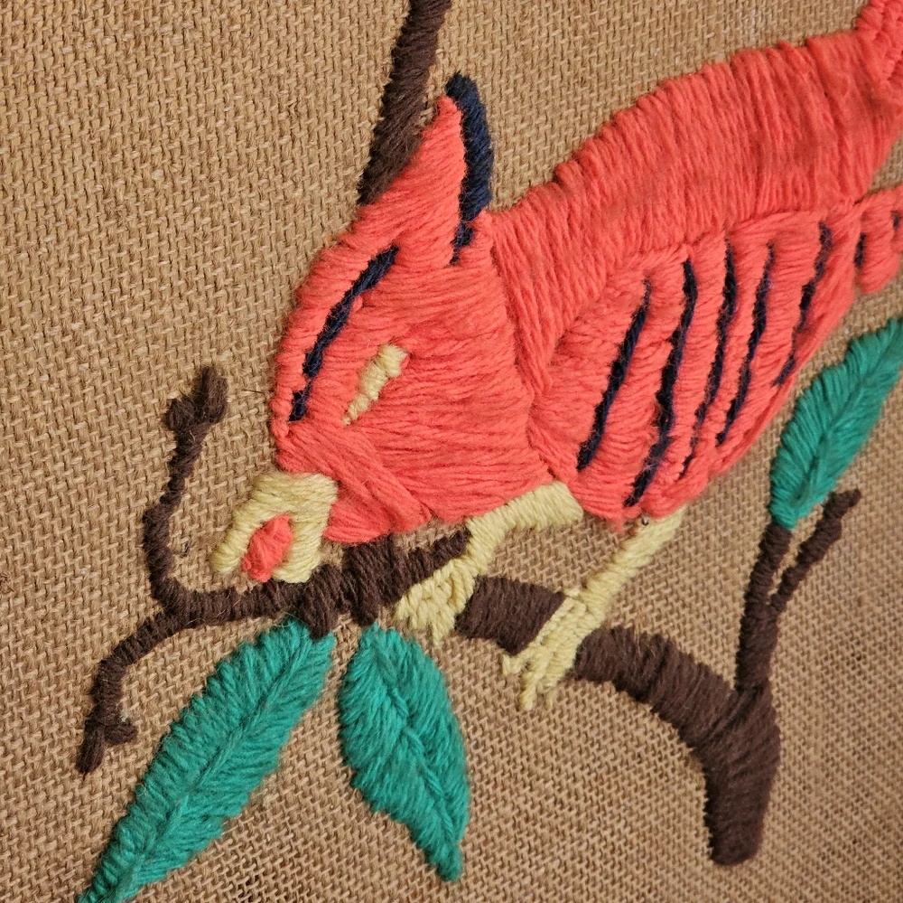 Antique Needlepoint Framed Wall Art Handcrafted Rustic Red Bird